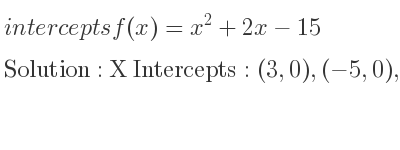 The intercepts of f(x)=x^2+2x-15 is X Intercepts: (3,0),(-5,0),Y Intercepts: (0,-15)